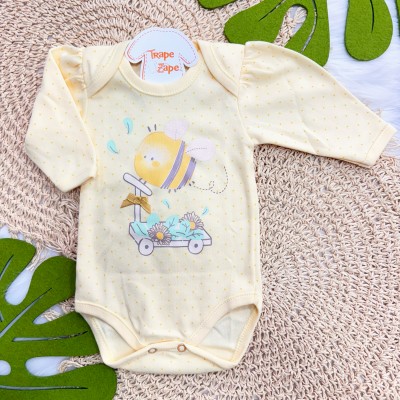 Kit 3 Peças - Bodys Manga Longa Bem Me Quer Abelhas - Amarelo, Off White e Mostarda